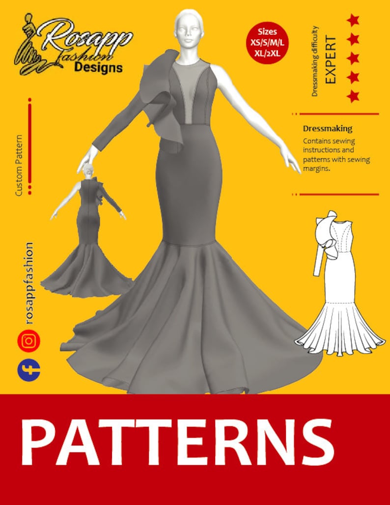 May include: A grey mermaid-style dress pattern on a mannequin. The dress has a one-shoulder design with a ruffled sleeve and a sheer neckline. The image includes the text "Rosapp Fashion Designs" and "PATTERNS".
