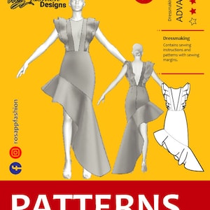 Puede incluir: Un patrón de costura digital para un vestido con una falda con volantes y un escote pronunciado. El patrón está disponible en tallas XS a 2XL y está etiquetado como "Avanzado" en dificultad. El patrón incluye instrucciones de costura y patrones con márgenes de costura.
