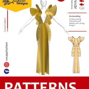May include: A digital illustration of a gold dress with a deep V-neckline and large ruffles on the shoulders. The dress is shown on a mannequin. The image includes the text "Rosapp Fashion Designs" and "PATTERNS".