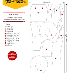 May include: A white pattern layout for sewing, featuring garment pieces and cutting instructions. The layout is 150 cm wide and 300 cm long, with a 2.5 cm seam allowance. The Rosapp Fashion Designs logo is in the top left corner.