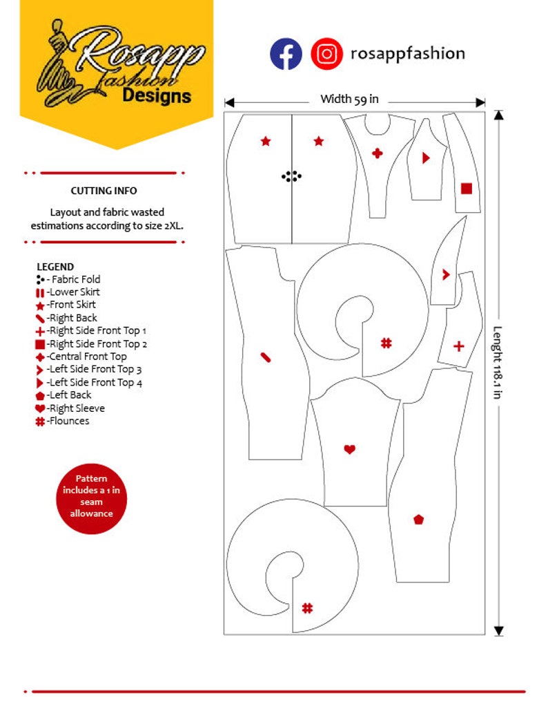 May include: A white pattern layout for sewing, featuring garment pieces and cutting instructions. The layout is 150 cm wide and 300 cm long, with a 2.5 cm seam allowance. The Rosapp Fashion Designs logo is in the top left corner.