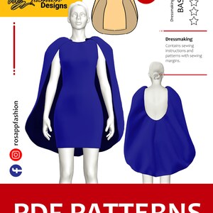May include: A digital illustration of a blue dress with a cape. The dress is shown on a white mannequin. The image includes the text "Rosapp Fashion Designs" and "PDF Patterns Ready-to-print for home printers".