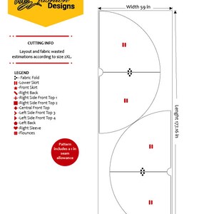 May include: A sewing pattern layout with dimensions. The pattern includes a skirt and top pieces, with a width of 149.86 cm and a length of 449.98 cm. The pattern includes a 2.54 cm seam allowance.