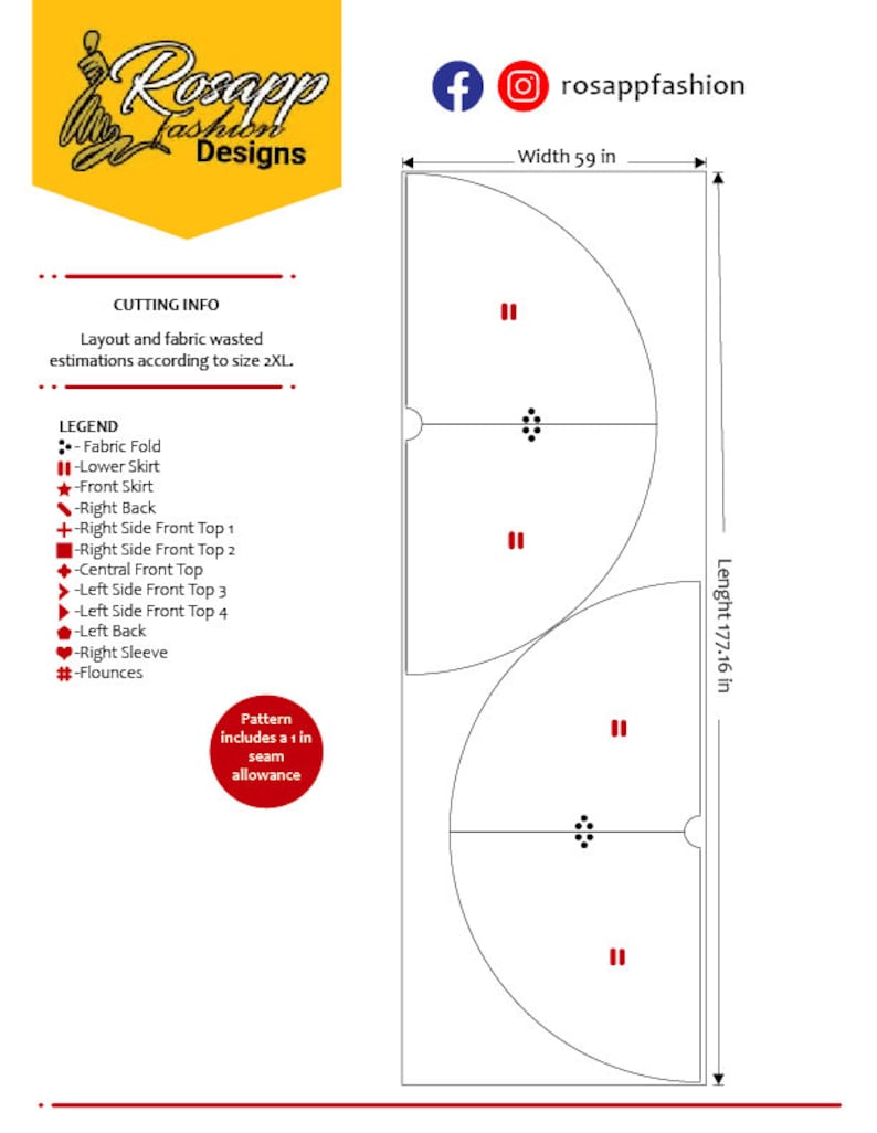 May include: A sewing pattern layout with dimensions. The pattern includes a skirt and top pieces, with a width of 149.86 cm and a length of 449.98 cm. The pattern includes a 2.54 cm seam allowance.