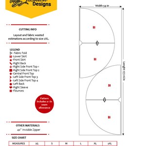 May include: A sewing pattern diagram with measurements in inches (1 inch = 2.54 cm). The diagram includes cutting information, a legend, and a size chart. The pattern includes a 2.54 cm seam allowance. The width is 149.86 cm, and the length is 450 cm.