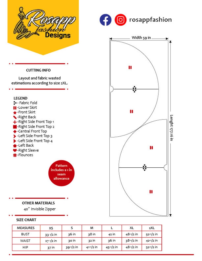 May include: A sewing pattern diagram with measurements in inches (1 inch = 2.54 cm). The diagram includes cutting information, a legend, and a size chart. The pattern includes a 2.54 cm seam allowance. The width is 149.86 cm, and the length is 450 cm.