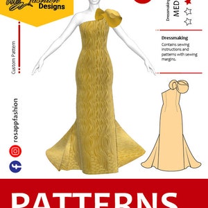 Op de afbeelding: Een digitale illustratie van een gele avondjurk met een ontwerp met één schouder en een grote strik op de schouder. De illustratie is op een witte achtergrond met de tekst "Rosapp fashion Designs" en "PATTERNS" in rood. De tekst "Sizes XS/S/M/L XL/2XL" en "Dressmaking difficulty MEDIUM" is ook inbegrepen.