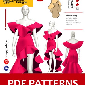 Può includere: Un'illustrazione digitale di un modello di abito per un abito asimmetrico con scollatura a volant e orlo asimmetrico. L'abito è mostrato in rosa e il modello è disponibile nelle taglie XS a 2XL. L'immagine include il testo "Rosapp Fashion Designs" e "PDF Patterns Ready-to-print for home printers".