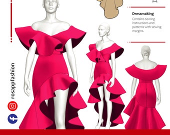 Tyler flounces high low sewing pattern/off shoulder/S-2XL/Instant download/PDF digital sewing pattern with instructions to make the dress