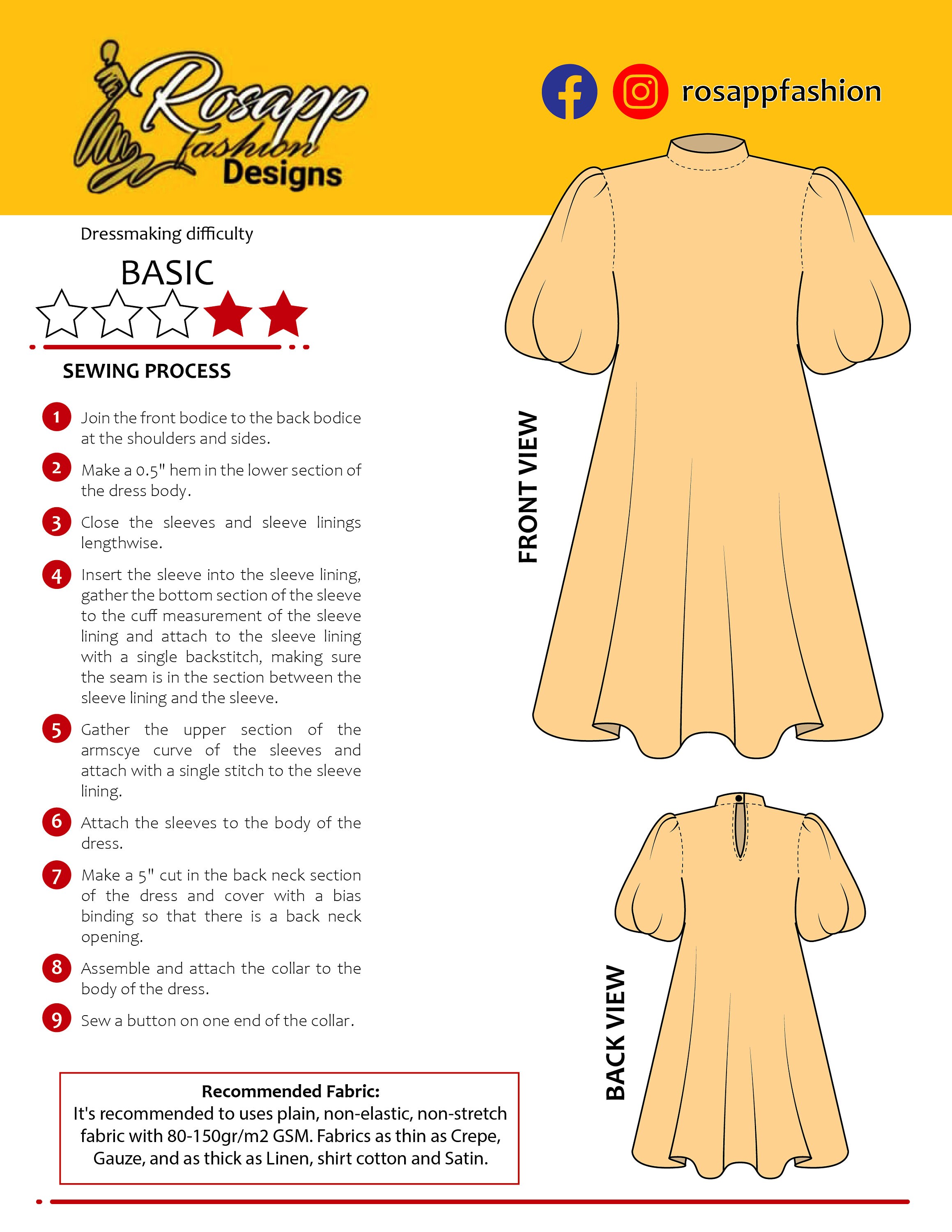 Claire A-line PDF Sewing Pattern for Women Dress/puff Sleeve/turtleneck ...