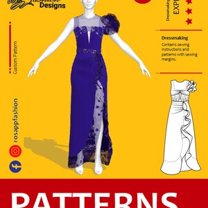 Puede incluir: Una ilustración digital de un vestido de noche morado con una superposición de encaje y un detalle de hombro con volantes. La ilustración está sobre un fondo amarillo con el texto "Rosapp Fashion Designs" y "PATTERNS" en blanco. El texto "Dificultad de costura EXPERTO" también se incluye con cinco estrellas.