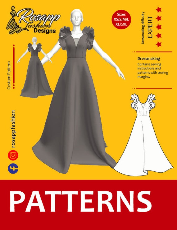 new umbrella dresses for ladies sewing pattern women dress/ flounces sleeve/plunge neckline/Size S-2XL/Instant download/easy digital PDF sewing pattern womens red mini dress