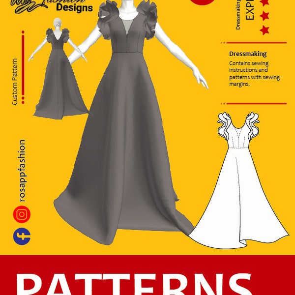 Umbrella sewing pattern for women dress/ flounces sleeve/plunge neckline/Size S-2XL/Instant download/easy digital PDF sewing pattern