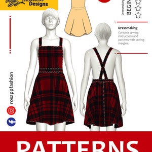 Könnte beinhalten: Ein digitales Schnittmuster für ein rot-schwarzes kariertes Latzkleid. Das Schnittmuster enthält Anleitungen und ist in den Größen XS bis 2XL erhältlich. Das Schnittmuster ist als "Anfänger" gekennzeichnet und ist zum Ausdrucken für Heimdrucker geeignet.