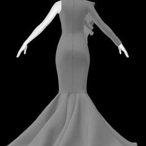 May include: A grey, one-shoulder evening gown with a mermaid silhouette. The dress features a long, fitted bodice, a flared skirt, and a single long sleeve. Ruffles cascade down the shoulder and back.