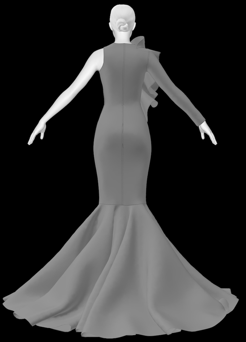 May include: A grey, one-shoulder evening gown with a mermaid silhouette. The dress features a long, fitted bodice, a flared skirt, and a single long sleeve. Ruffles cascade down the shoulder and back.