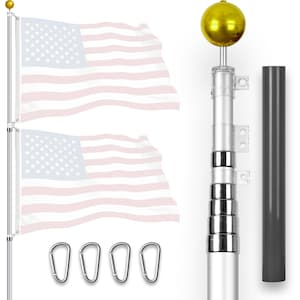 May include: A telescoping flagpole with a gold ball finial, two American flags, and four silver flagpole clips. The pole is made of aluminum and is extendable to 20 feet. The flags are made of nylon and are 3x5 feet in size.