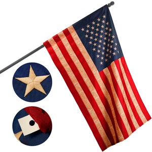 Tea Stained American Flag: Pole Sleeve Embroidered Stars, 3x5 Ft Polyester