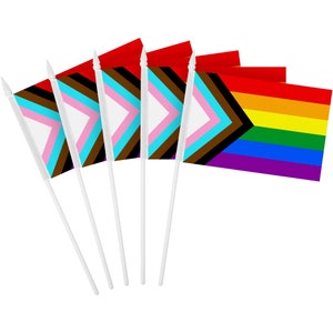 May include: Set of five mini flags with different pride flag designs, including the transgender pride flag, the progress pride flag, and the rainbow pride flag. The flags are attached to white sticks.
