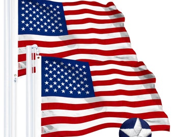 May include: Two American flags, featuring red and white stripes and a blue canton with white stars, are displayed. The flags are mounted on white poles. A close-up shows a detailed embroidered white star on a blue background.