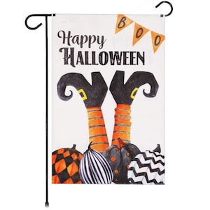 May include: A white garden flag with the text "Happy Halloween" and a banner that says "BOO".  The flag features a pair of witch's legs with orange and black striped stockings and black shoes with pointy toes.  The legs are sticking out from behind a group of pumpkins with black and white patterns.