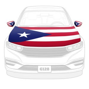 May include: A car hood cover featuring the flag of Puerto Rico, with a blue triangle and white star on a white and red striped background. The side mirrors also display the flag. The car's front is visible, with headlights and a license plate.