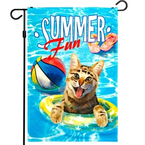 Summer Cat in Pool Garden Flag: Rustic Outdoor Decor (12" x 18")