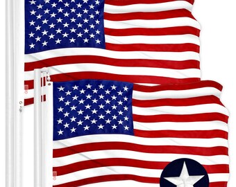 May include: Two American flags are displayed on a white flagpole. The flags are waving in the wind. The top flag is red, white, and blue with 50 stars. The bottom flag is the same but is slightly smaller. The flags are a patriotic symbol of the United States.