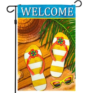 Welcome Summer Garden Flag: Sandals & Sunglasses, Rustic Outdoor Decor (12&quot; x 18â&quot;)