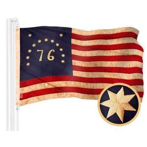 May include: A vintage-style American flag with 13 red and white stripes and a blue canton featuring 13 white stars arranged in a circle around the number "76".