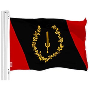 May include: A black and red flag with a gold emblem. The emblem features a stylized sword with a wreath of leaves around it.