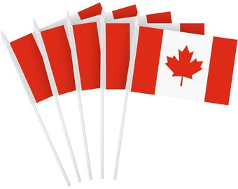 G128 12 Pack Handheld Canada Canadian Stick Flags | 4x6 In | Printed 150D Polyester, Country Flag, Solid Plastic Stick, Spear White Tip