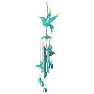 May include: A turquoise metal wind chime featuring hummingbird designs. The wind chime has a decorative top with hanging chimes and hummingbird accents. The hummingbird at the top has yellow accents on its wings. The chimes are suspended from a chain.