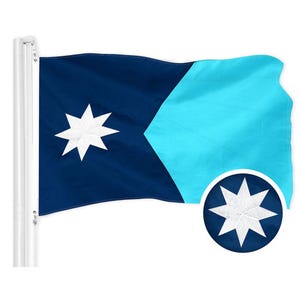 May include: A blue and turquoise flag with a white eight-pointed star in the upper left corner and a white eight-pointed star in a circle in the lower right corner.