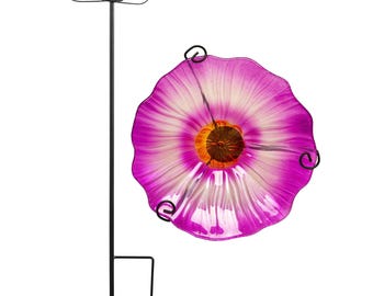 Purple Flower Glass Bird Bath with Metal Stake - Garden Decor