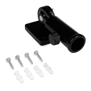 May include: Black metal wall mount bracket with a swivel arm for mounting a flagpole. The bracket includes screws and anchors for installation.