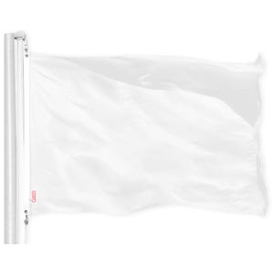 May include: A white flag waving in the wind, attached to a white pole. The flag is made of a lightweight fabric and has a smooth, flowing texture.