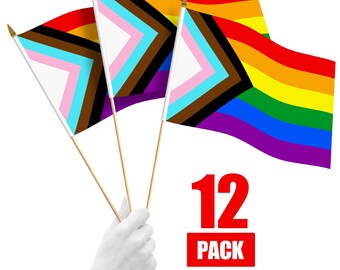 LGBT Progress Rainbow Pride Stick Flags - 12 Pack (12x18 In)