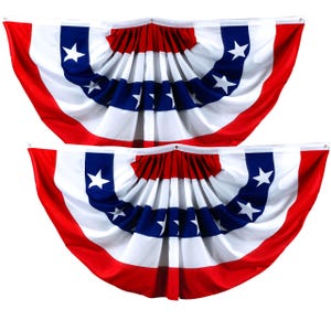 May include: Two red, white, and blue American flag bunting with stars. The bunting is pleated and has a white border.