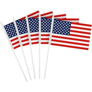 May include: A set of six small American flags on white sticks. The flags are red, white, and blue with a field of stars.