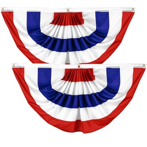 May include: Two red, white, and blue bunting flags with pleats. The flags are in the shape of a half-circle and are strung together.