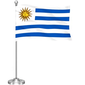 Uruguay Desk Flag Set: 8.5x5.5&quot; Printed Polyester, 15&quot; Metal Pole