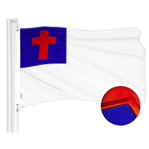 May include: A white Christian flag with a blue canton and a red cross. The flag is made of durable polyester fabric and is sewn with double-stitched edges for long-lasting use.