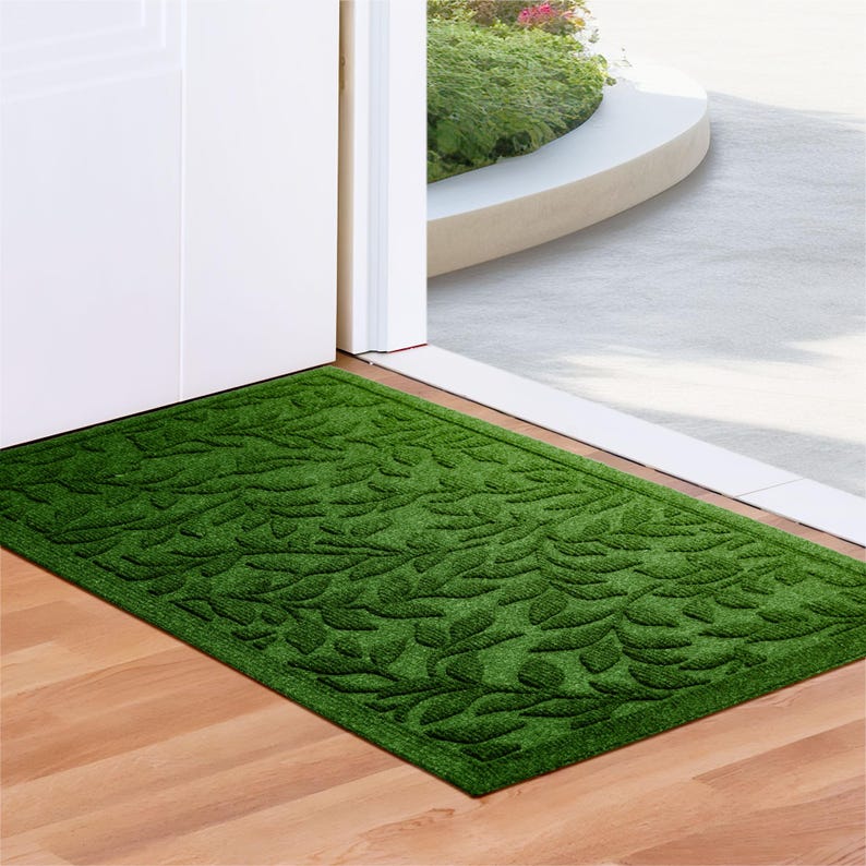 G128 Front Door Mat 29.5x17 Inch, Sturdy Door Mats for Home Entrance Outdoor Indoor, Non-Slip Rubber Backing Low Profile Mat, Green Leaves