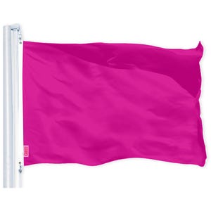 May include: A bright pink flag waving in the wind. The flag is made of a lightweight fabric and is attached to a pole.