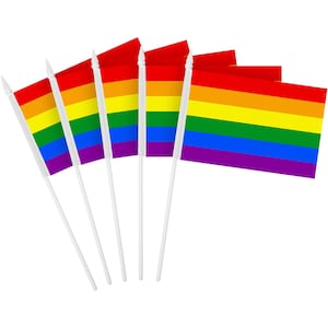 May include: A set of six rainbow pride flags on white sticks. The flags are arranged in a fan shape with the red stripes facing outward.