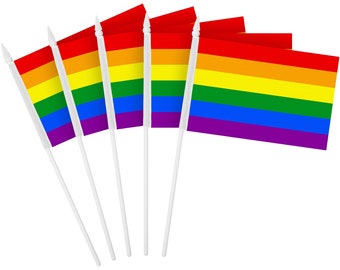 G128 12 Pack Handheld LGBT Rainbow Pride Stick Flags | 4x6 In | Printed 150D Polyester, Social Flag, Solid Plastic Stick, Spear White Tip