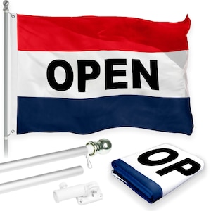 G128 Combo Pack: 5 Ft Tangle Free Aluminum Spinning Flagpole (Silver) & Open Flag 2x3 Ft, LiteWeave Pro Series Printed 150D Polyester |