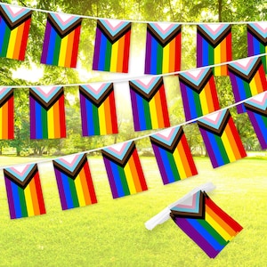 May include: A string of colorful pride flags with a white background. Each flag has a purple, blue, white, pink, and yellow stripe with a black chevron in the center.