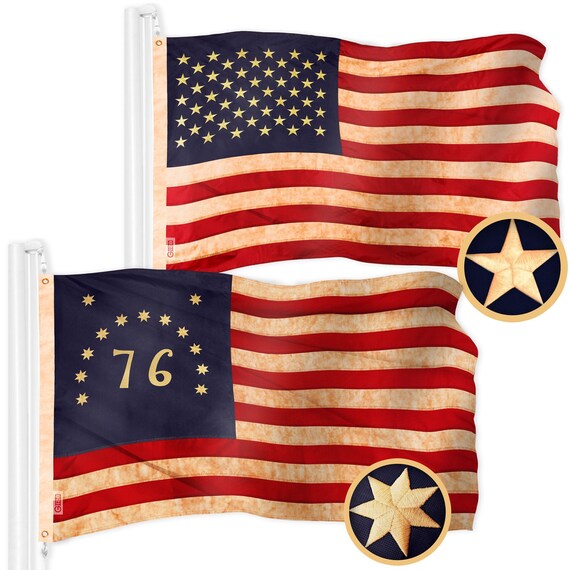 Tea-Stained American & Bennington Flag Set: Embroidered Polyester (1x1.5 Ft)